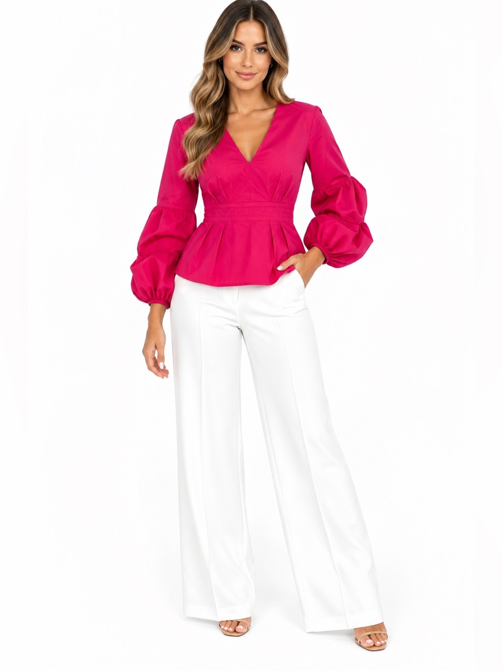 New York & Company Pink Balloon Sleeve Peplum Top Size S